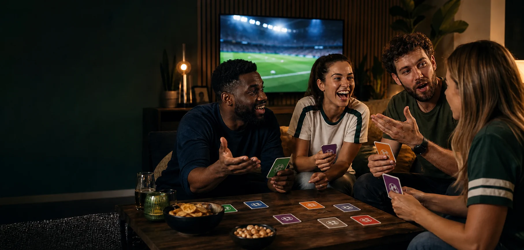 Four adult soccer fans playing with colorful soccer-ball trivia cards during match night